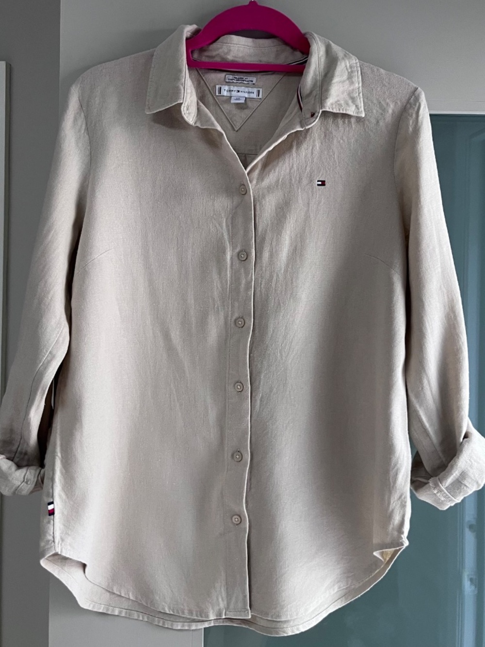 Tommy Hilfiger Women's Small Linen Blend Button Down Shirt Tan Khaki Relaxed FIT